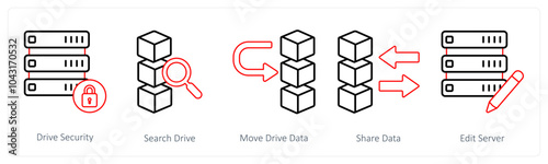 A set of 5 mix icons as drive security, search drive, move drive data