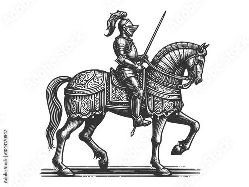 medieval knight in armor riding a decorated horse, holding a lance, in a traditional style sketch engraving generative ai vector illustration. Scratch board imitation. Black and white image.