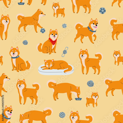 Shiba Inu dogs seamless pattern. Shiba Ken dog. Seamless pattern of dogs on yellow background.