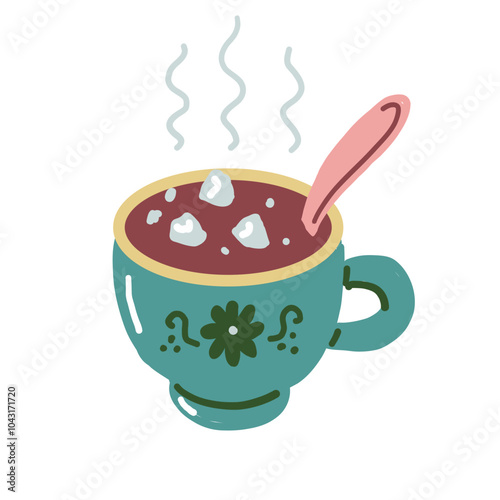 Hot chocolate with marshmallow. Hand drawn illustration of winter drink in green cup.