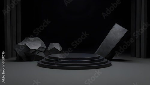 Geometric dark abstract scene with podium, modern gallery display or virtual background,podium for product presentation