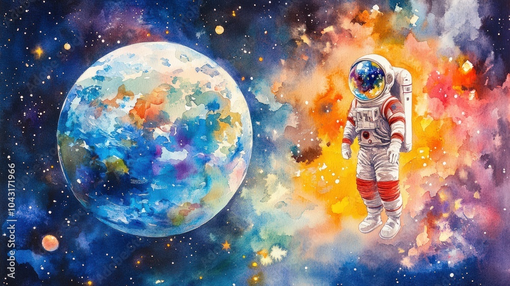 Naklejka premium Watercolor painting of an astronaut floating in space with Earth in the background.
