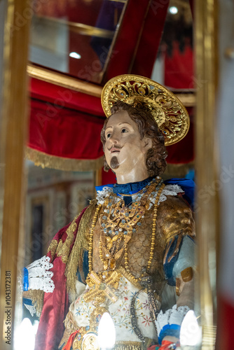Festival of Sant'Efisio in Cagliari, Sardinia. The statue of Saint Effisio in Church of Sant'Efisio, in the old part of town.