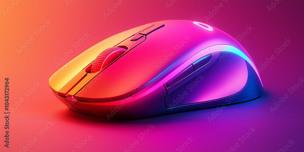 A vibrant gaming mouse with glowing rainbow RGB lights, designed with sleek curves and buttons