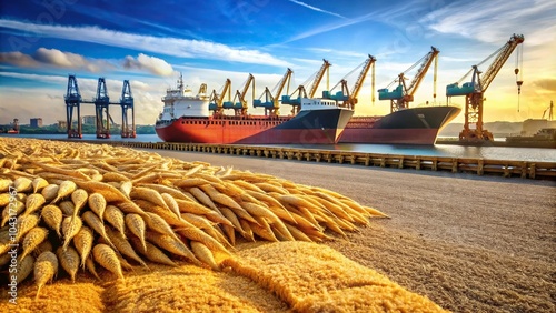 Harvesting grain crops at seaport for transportation