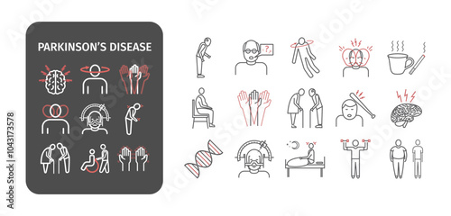 Parkinson's disease. Symptoms, Treatment. Line icons set. Vector signs for web graphics.