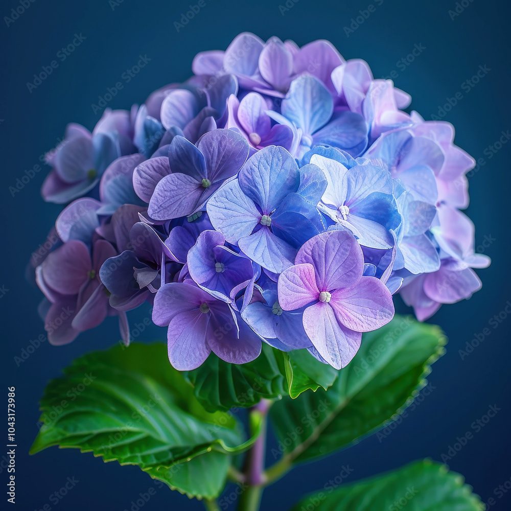 Studio shot of purple and blue hydrangea flower showcasing delicate petals and lush green leaves for elegant botanical photography Studio shot of purple and blue hydrangea flower showcasing delicate petals and lush green leaves for elegant botanical photography