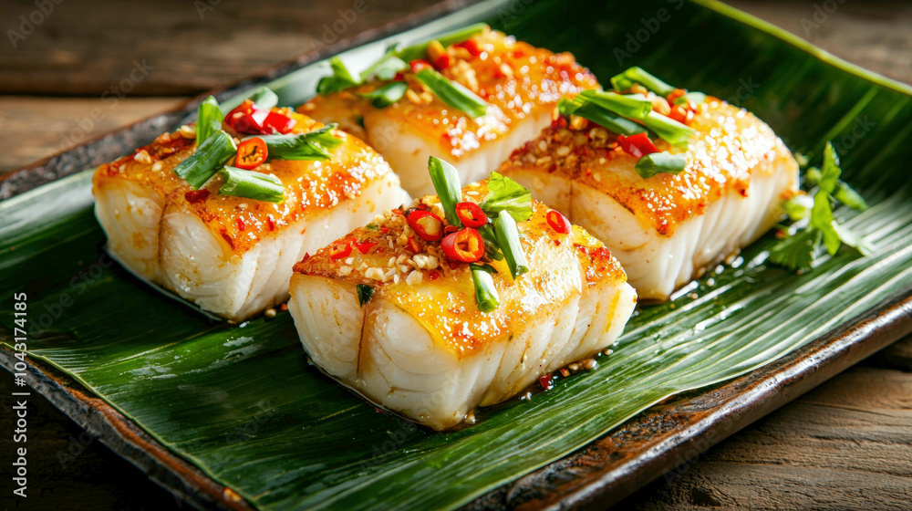 A beautifully plated dish of grilled fish fillets garnished with fresh herbs and spices on a green leaf. A beautifully plated dish of grilled fish fillets garnished with fresh herbs and spices on a green leaf.