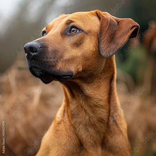 Majestic Rhodesian Ridgeback dog in a natural setting, showcasing its regal and attentive expression with soft brown fur and alert ears.