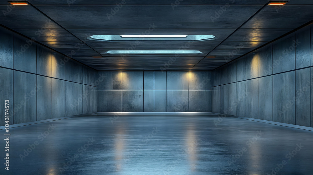 Empty Room 3D Illustration with Concrete Walls and Lights Empty Room 3D Illustration with Concrete Walls and Lights