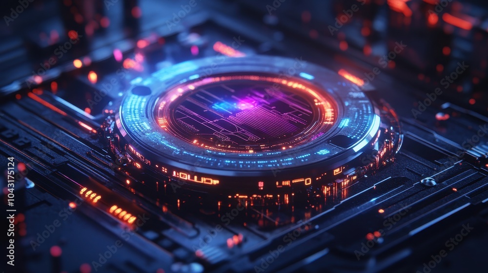 Futuristic digital platform showcasing vibrant holographic displays and advanced technology in a modern setting. Futuristic digital platform showcasing vibrant holographic displays and advanced technology in a modern setting.