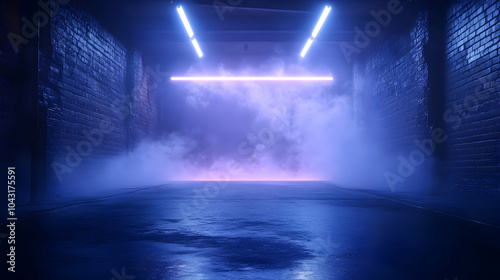 Neon Lights and Smoke in an Empty Hallway 3D Illustration