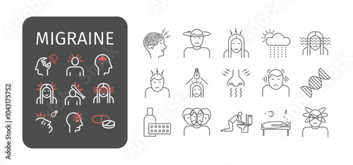 Migraines Infographics. Migraine symptoms. Headache line icons. Vector set