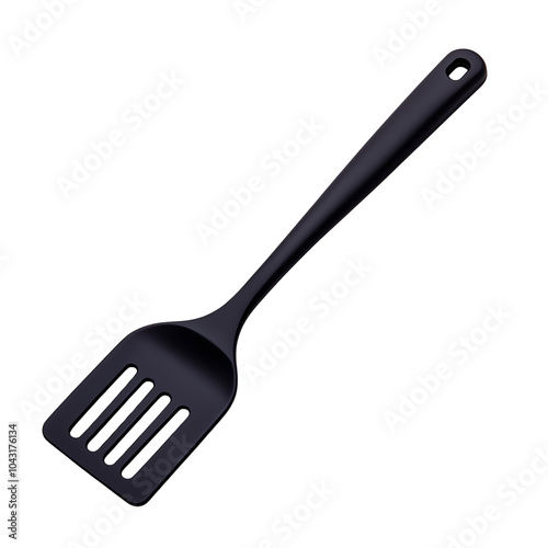 A sleek black spatula with a slotted design, perfect for flipping and serving food with ease and style in any kitchen. photo