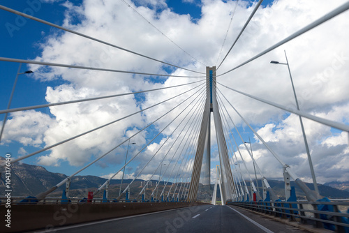 Obraz na płótnie Driving along the Rio–Antirrio Bridge, one of the world's longest multi-span cable-stayed bridges and longest of the fully suspended type. In Greece, Europe. w salonie