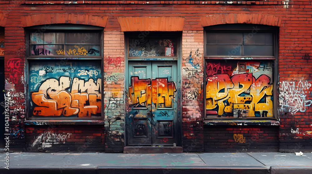 Graffiti on Brick Wall with Windows and Doors Graffiti on Brick Wall with Windows and Doors