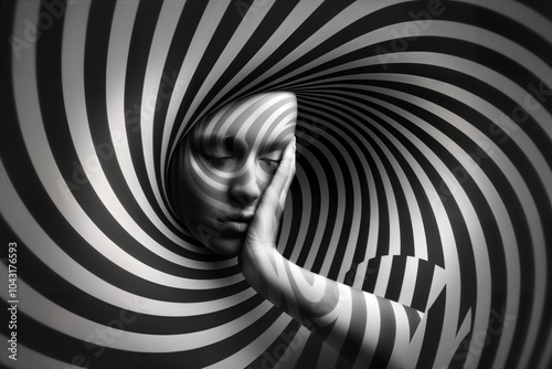 Surreal optical illusion of a woman's face emerging from swirling black and white stripes