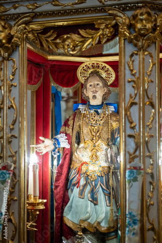 Festival of Sant'Efisio in Cagliari, Sardinia. The statue of Saint Effisio in Church of Sant'Efisio, in the old part of town.