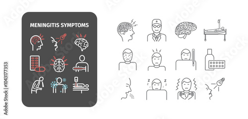 Meningitis Symptoms and Treatment Icons. Medical Line Vector Set for Web.