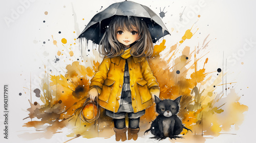 20h painted witch aquarell little girl in yellow raincoat with yellow umbrella, watercolor art design photo