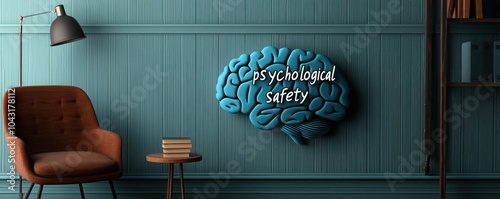 A modern interior featuring a brain-shaped art piece, emphasizing the concept of psychological safety in a cozy setting.