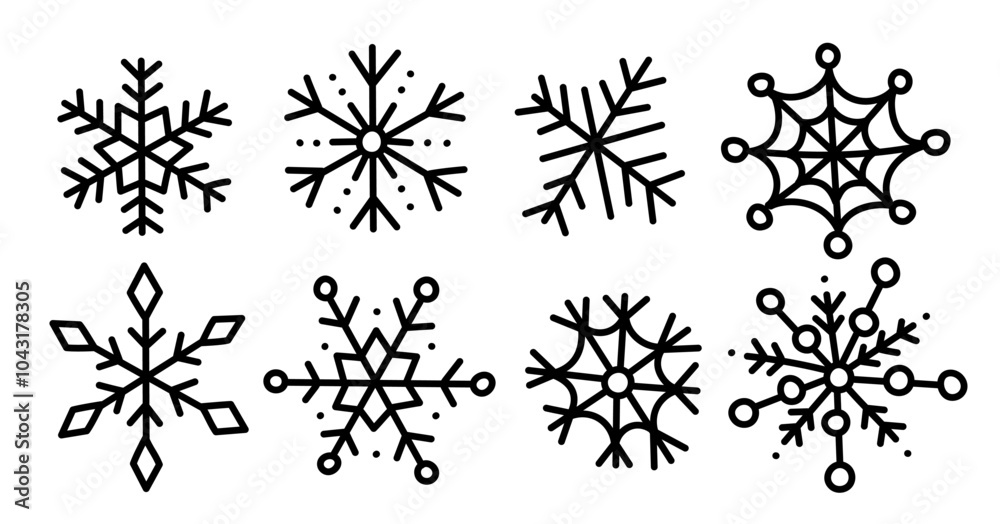 Set of Hand Drawn Snowflakes. Black line drawn cute silhouette snowflake isolated on white. Element for winter design. Collection snowflakes ink freehand. Vector illustration