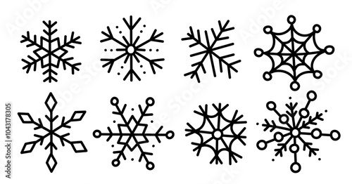 Set of Hand Drawn Snowflakes. Black line drawn cute silhouette snowflake isolated on white. Element for winter design. Collection snowflakes ink freehand. Vector illustration photo