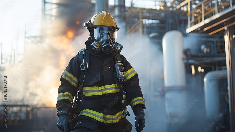 hazmat-trained firefighter using specialized sensors to detect dangerous gases and chemicals at an industrial accident site hazmat-trained firefighter using specialized sensors to detect dangerous gases and chemicals at an industrial accident site