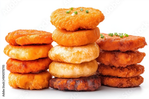 Delicious chicken and potato pancakes stacked high on white background. Mouthwatering assortment of golden brown chicken and potato pancakes, some garnished with fresh chives, piled high.