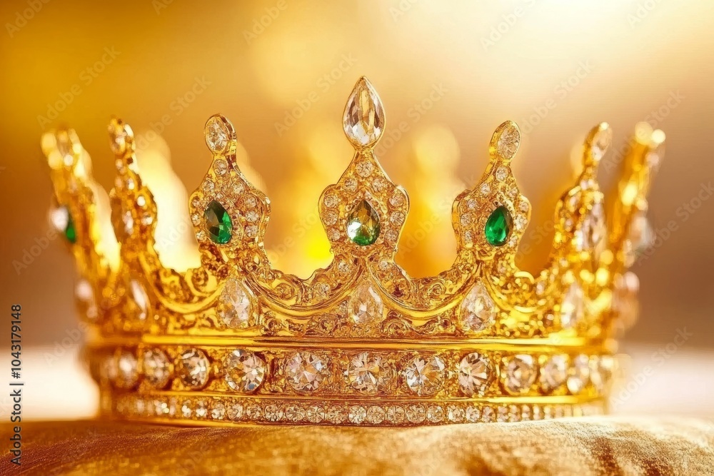 A golden crown adorned with emerald and diamond gems, symbolizing power and royalty. A golden crown adorned with emerald and diamond gems, symbolizing power and royalty.