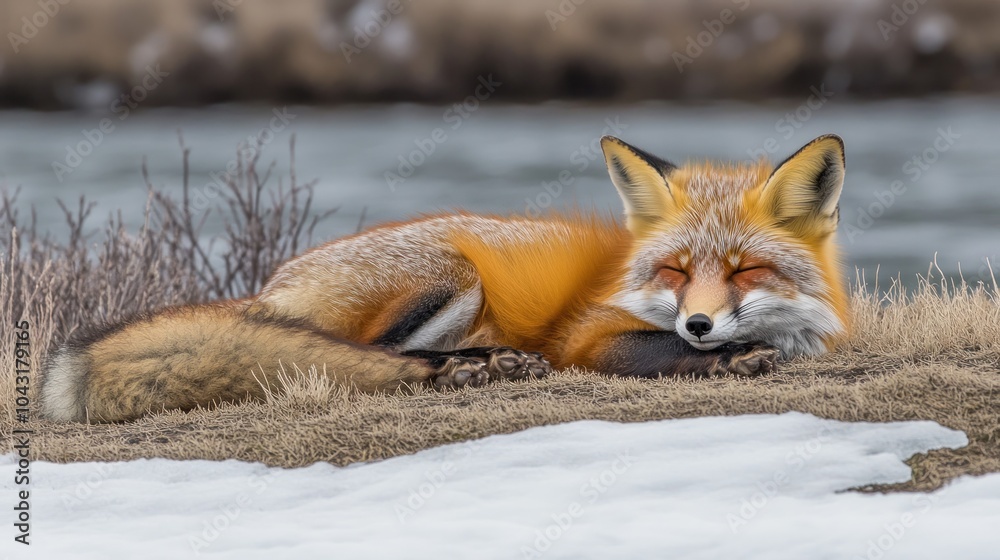 A resting red fox lies peacefully by a riverbank, surrounded by snow and grass. A resting red fox lies peacefully by a riverbank, surrounded by snow and grass.