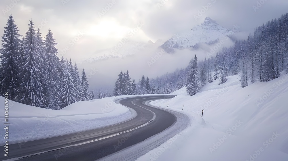 Fototapeta premium A winding road in the snow-covered mountains of Switzerland, snow-covered trees and a white, snowy landscape