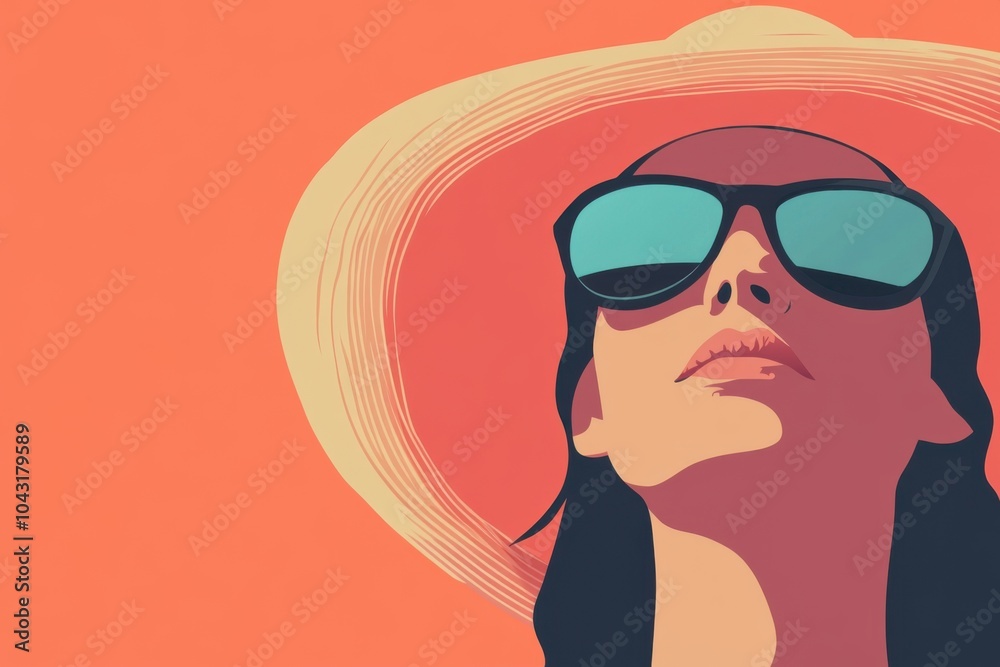 Minimalistic portrait of a person with sunglasses and hat on a bright background