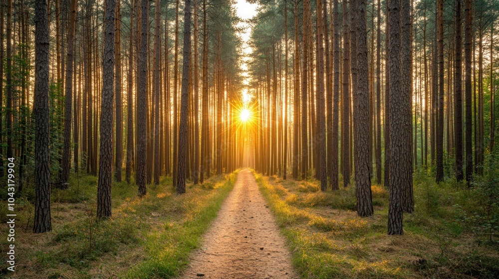 A serene forest path illuminated by sunset, inviting exploration and tranquility. A serene forest path illuminated by sunset, inviting exploration and tranquility.