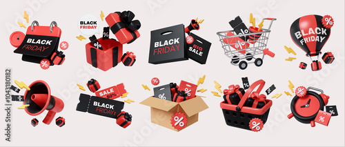 Black Friday Shopping Icons: Cart, Gift, Sale Labels 3D Render