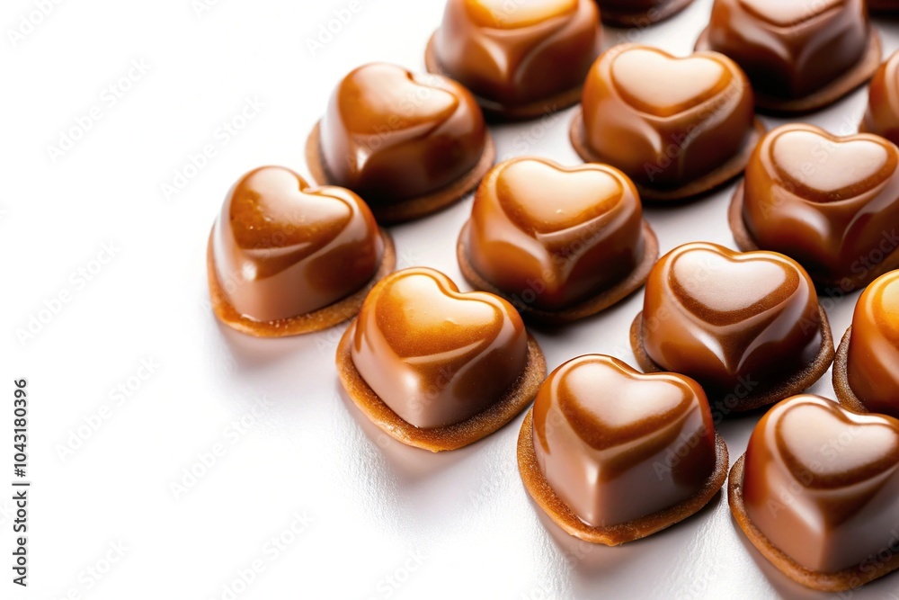Heart shaped chocolate candies with caramel filling on white background Heart shaped chocolate candies with caramel filling on white background