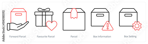 A set of 5 mix icons as forward parcel, favorite parcel, parcel