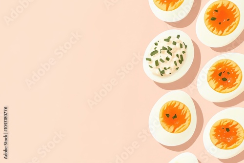 Minimalistic food design featuring sliced eggs with herbs on pastel background photo