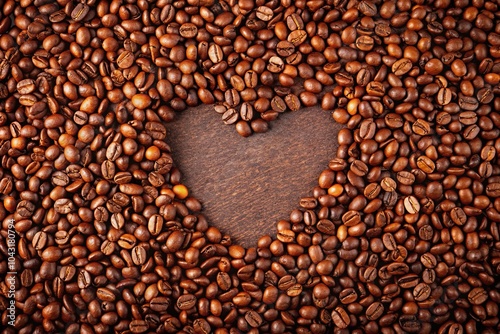 Heart shaped coffee beans in a frame with roasted beans forming a heart, captured at a tilted angle