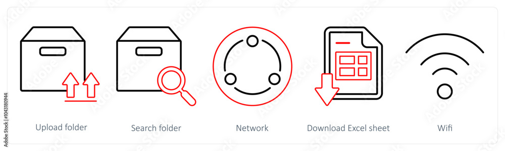 A set of 5 mix icons as upload folder, search folder, network A set of 5 mix icons as upload folder, search folder, network