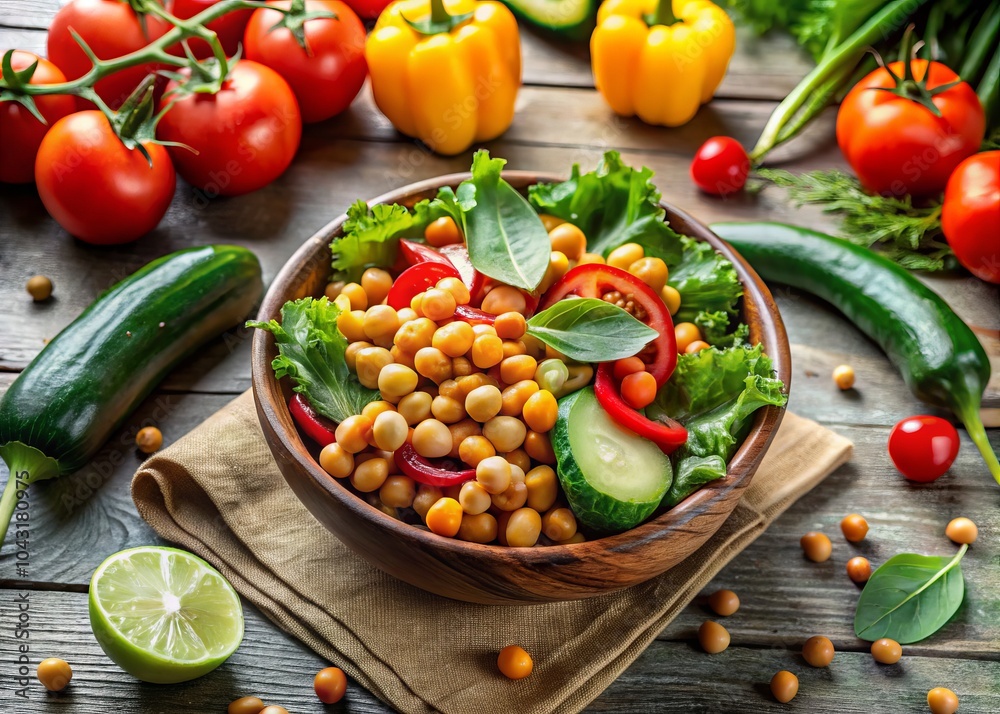 Minimalist Summer Snack: Dip Chickpeas in Fresh Salad Leaves with Vibrant Vegetables for a Healthy, Refreshing Bite Minimalist Summer Snack: Dip Chickpeas in Fresh Salad Leaves with Vibrant Vegetables for a Healthy, Refreshing Bite