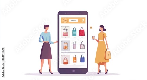 Two women interacting with a smartphone displaying shopping bags.