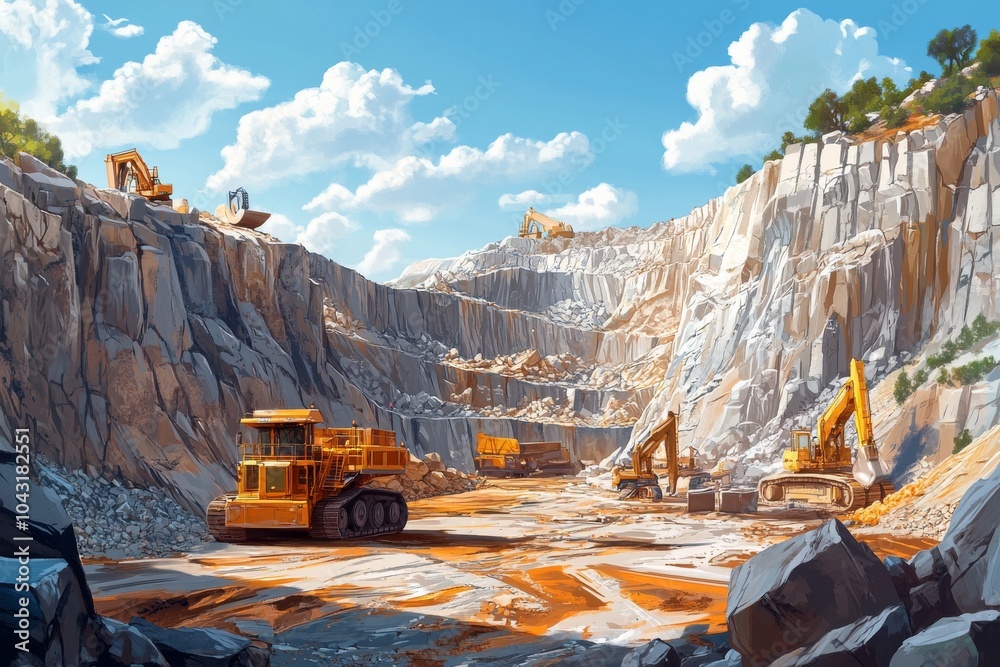 A large quarry with heavy machinery extracting stone under a clear blue sky. A large quarry with heavy machinery extracting stone under a clear blue sky.