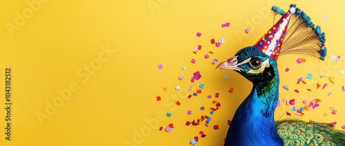 A peacock wearing a party hat with colorful confetti on a bright yellow background.