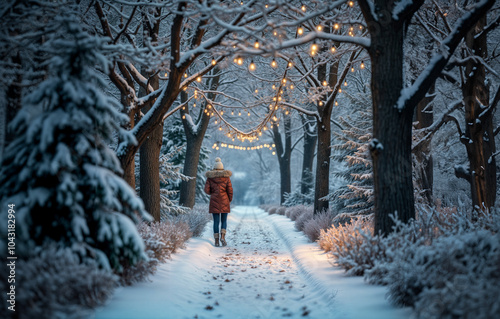 A cold winter day in a snowy forest park, where people walk along frosty paths and a couple skis through the icy landscape. The trees are covered in snow, creating a peaceful, active outdoor scene.