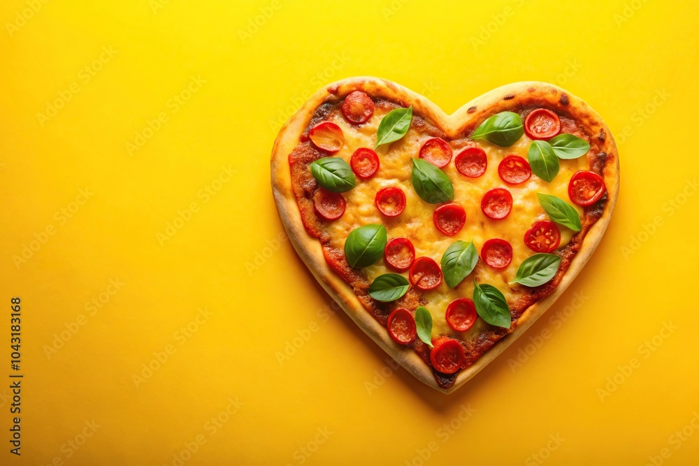 Heart shaped pizza on yellow background Heart shaped pizza on yellow background