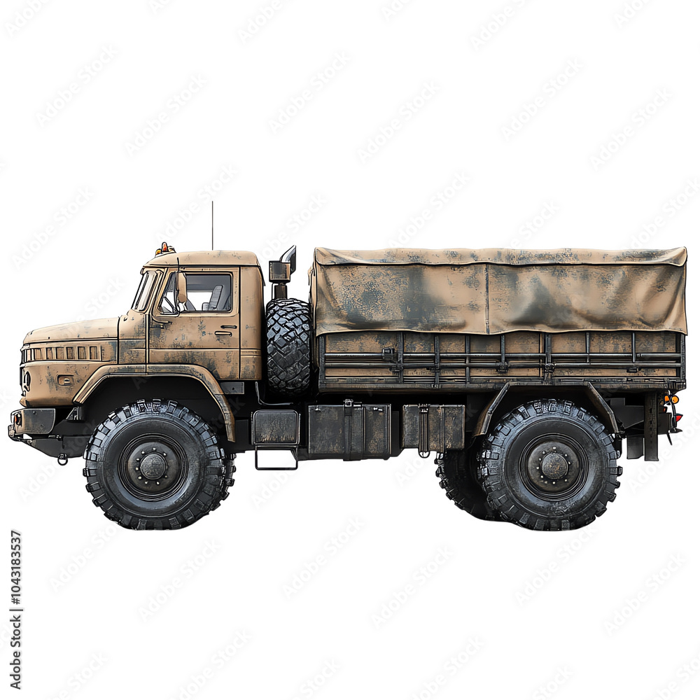 Military truck with robust wheels and camouflage design, ideal for transport and off-road adventures.