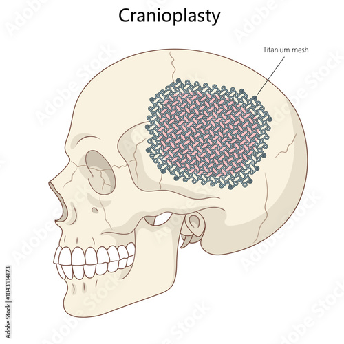 skull with a titanium mesh implant used in cranioplasty, depicting surgical repair of a cranial defect diagram hand drawn schematic vector illustration. Medical science educational illustration