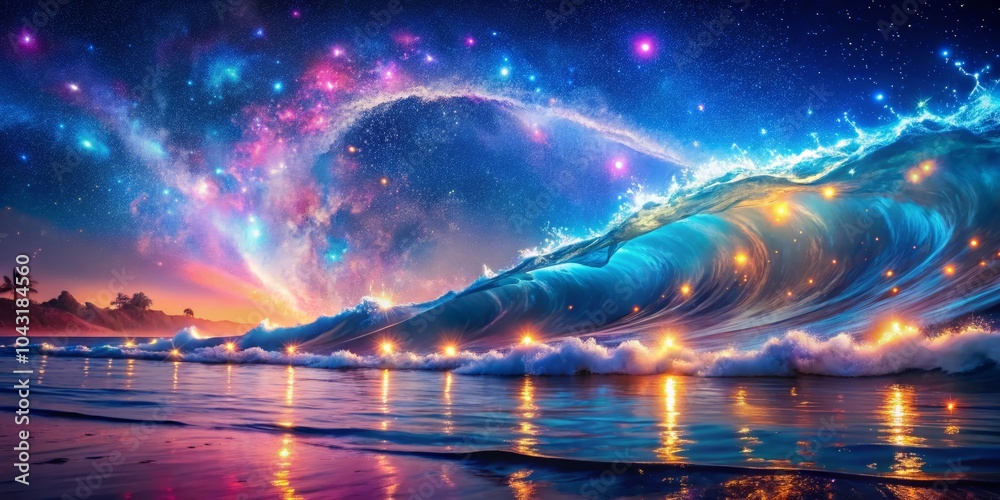 Night Photography of a Magical Blue and Pink Wave with Sparkling Lights Capturing the Essence of Tranquility and Wonder in a Dreamy Ocean Scene Night Photography of a Magical Blue and Pink Wave with Sparkling Lights Capturing the Essence of Tranquility and Wonder in a Dreamy Ocean Scene