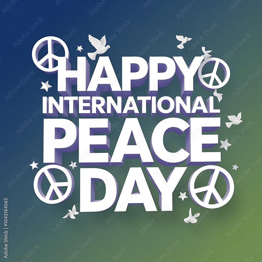 3D White Text with Peace Symbols and Doves for International Peace Day 3D White Text with Peace Symbols and Doves for International Peace Day